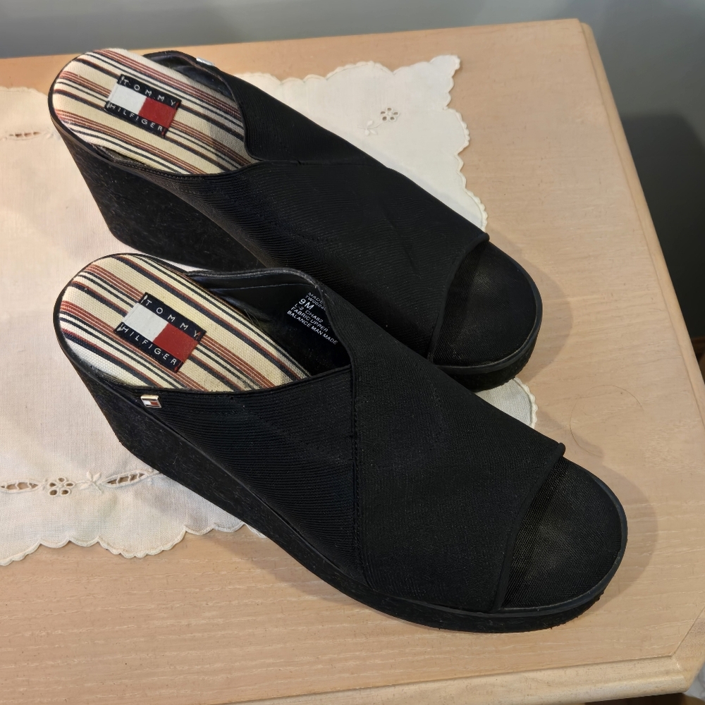 Tommy Hilfiger Black Wedge Sandals – Size 9M – Like New, 4" Heel